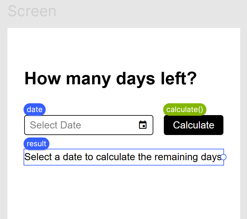 Screenshot des Beispielscreens mit zugehörigem Data und Method Binding