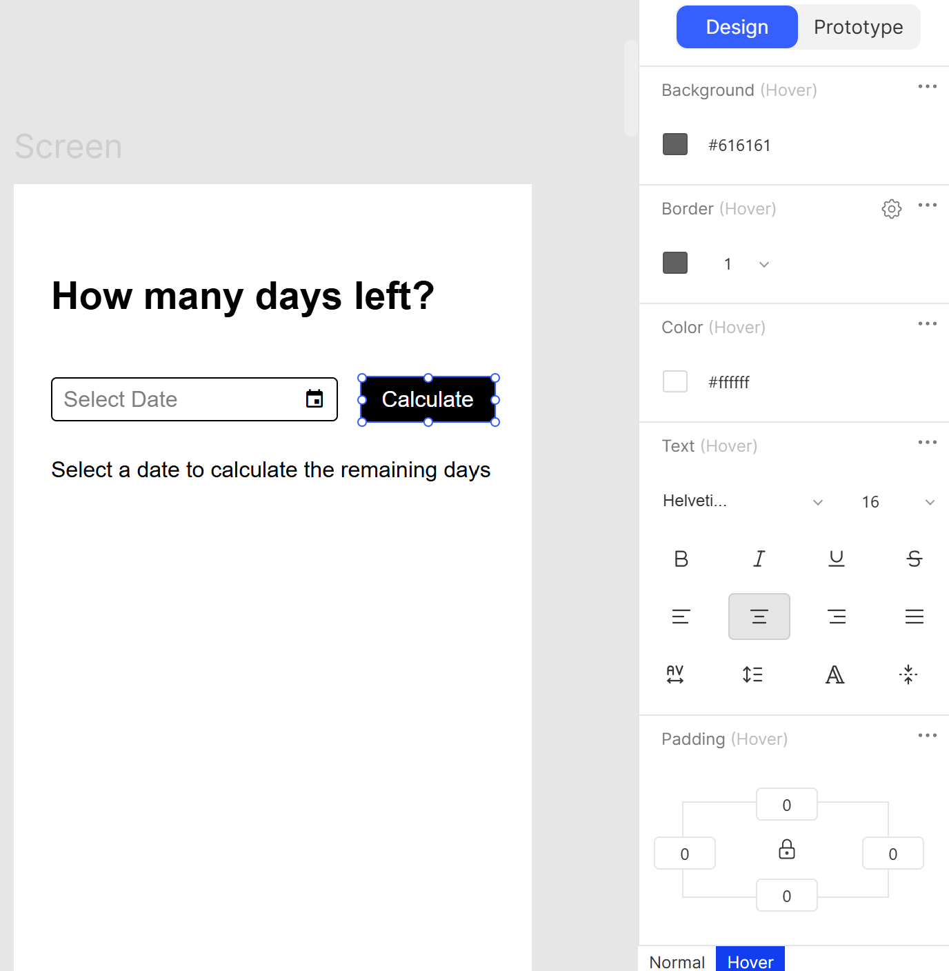 Screenshot von Quant-UX, wie der Hover State eines Buttons bearbeitet werden kann
