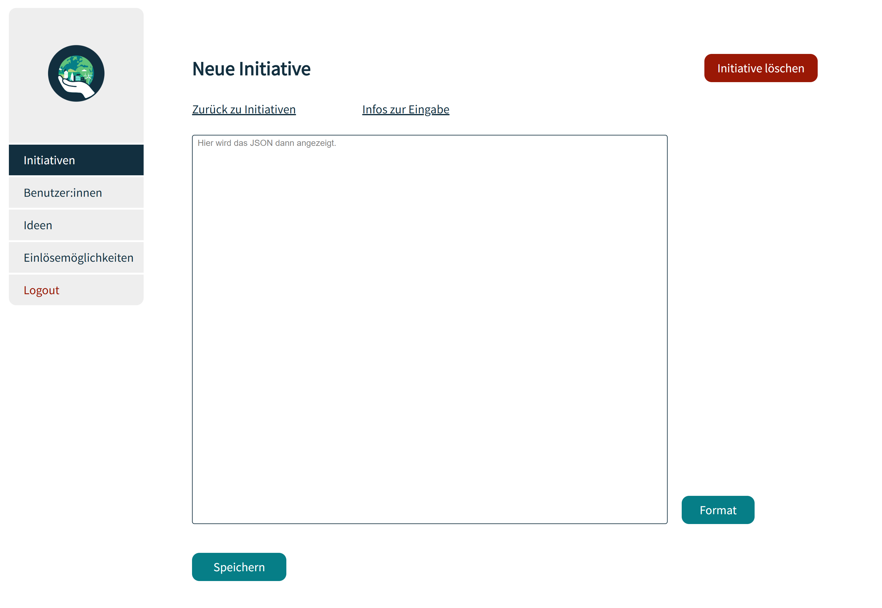 Screenshot der Seite, wo eine neue Initiative erstellt werden kann. Sie enthält eine Seitennavigation, einen Button rechts oben, um eine vorhandene Initiative beim Bearbeiten löschen zu können, ein großes Textfeld und zwie weitere Buttons zum Formatieren und Speichern.