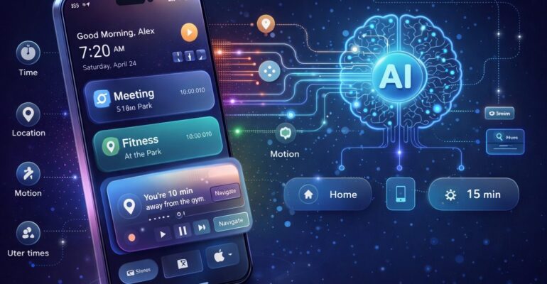 Firefly_gpt-image_A futuristic mobile user interface that adapts in real time using artificial intellig 155270